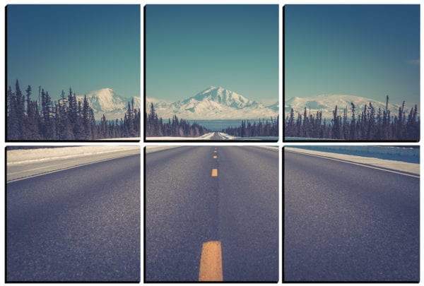 Beautiful Alaskan highway leading to snow capped mountains printed on 6 stylish PhotoSquares that stick