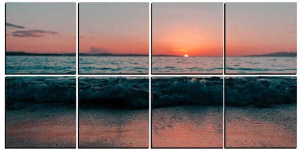 Waves crashing on the beach at sunset printed on 8 stylish PhotoSquares.