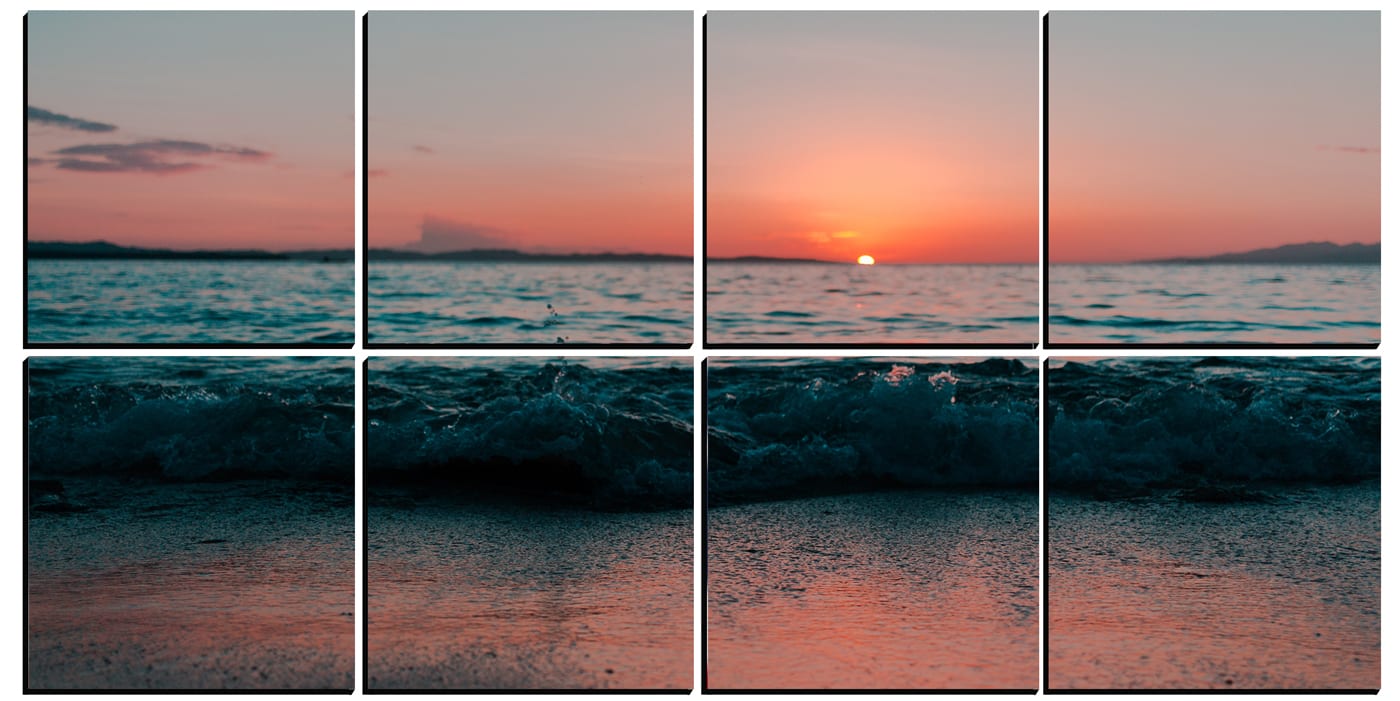Waves crashing on the beach at sunset printed on 8 stylish PhotoSquares.