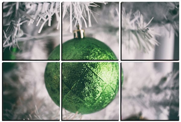 Shiny Green Christmas Ornament hanging from a Christmas tree on 6 stylish PhotoSquares