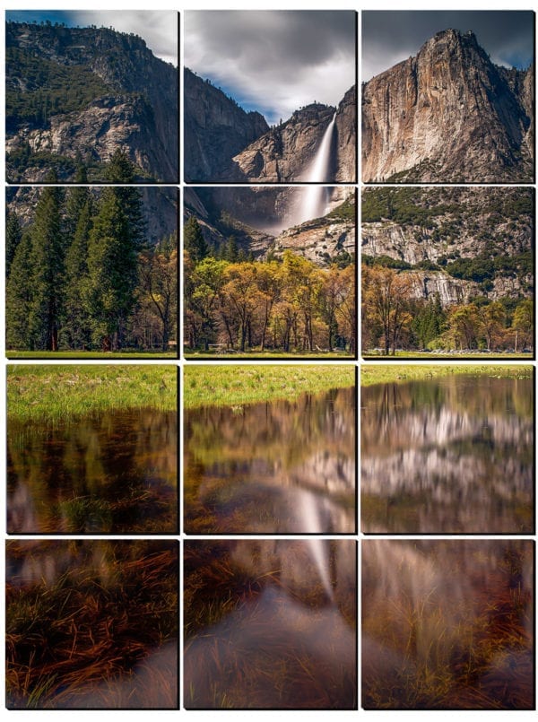 Lovely day at Yosemite National Park looking out at a waterfall printed on 12 stylish PhotoSquares