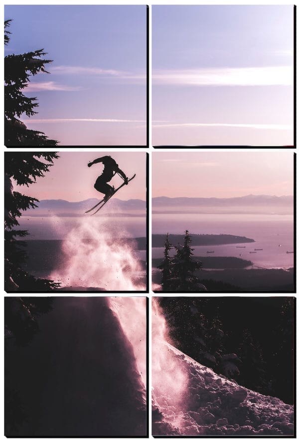 Skier flying through the air as the sun sets printed on 6 stylish PhotoSquares