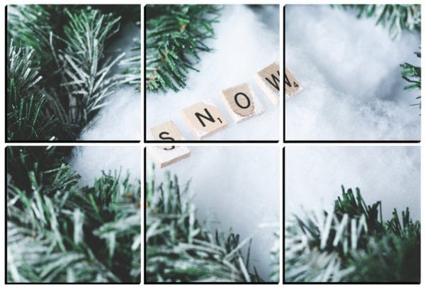 SNOW spelled out on letter tiles in the snow on 6 stylish PhotoSquares